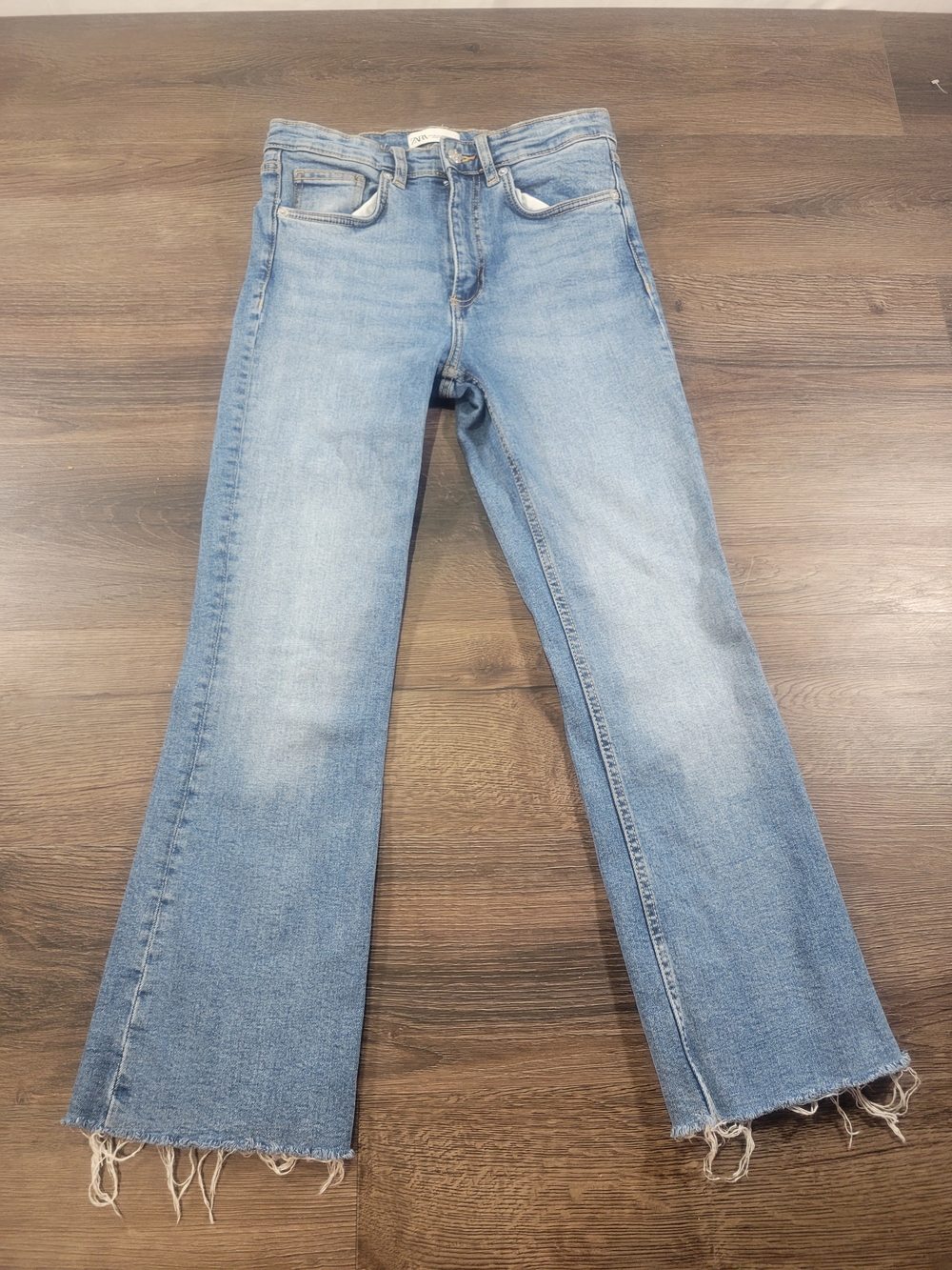 ZARA Womens Bootcut Jeans Blue Light Wash Raw Hem Stretch Denim Size 6